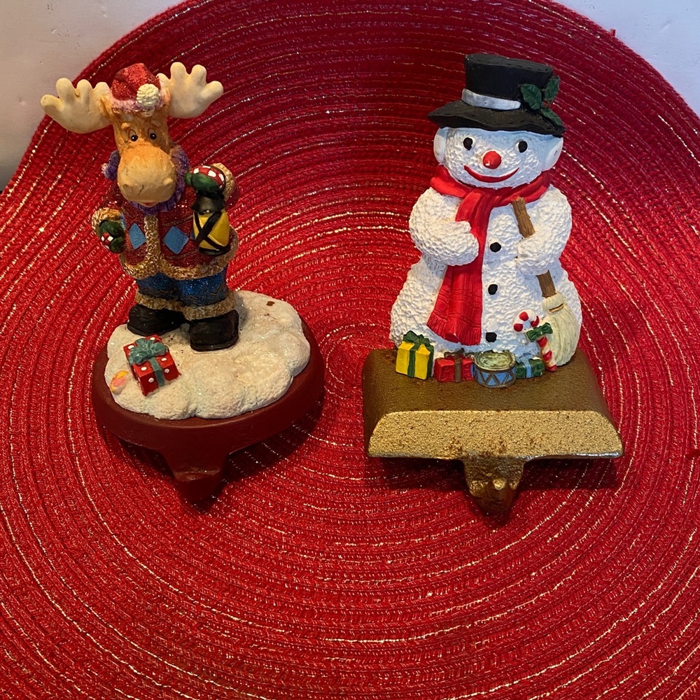 Vintage Set of 2, Moose and Snowman, on Cast Iron Base Mantel Stocking Holders